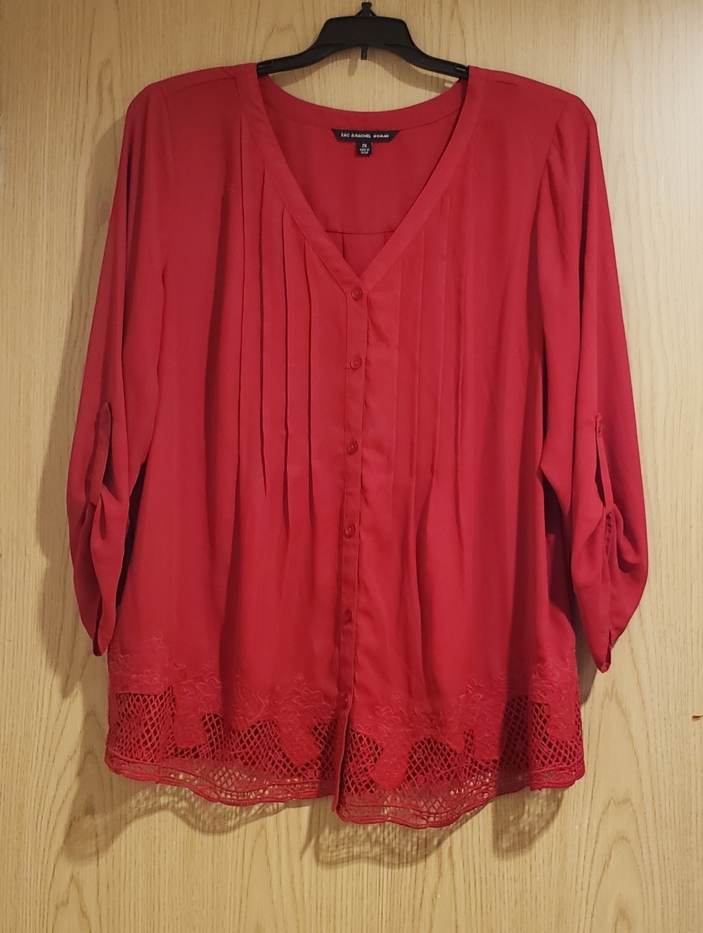Zac And Rachel Red V-Neck Button Front Blouse with Lace Hem